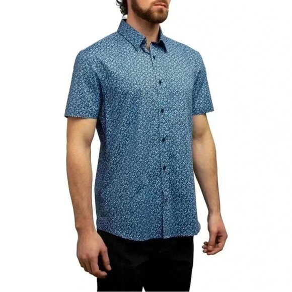 English Laundry Button Up Shirt Short Sleeve Stretch Fitted Casual Blue Medium - Picture 2 of 16